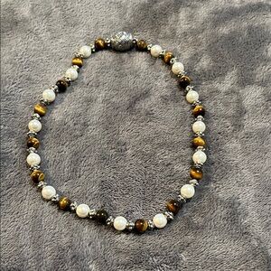 White Pearl and Tiger Eye Bead Necklace with Silver Accents